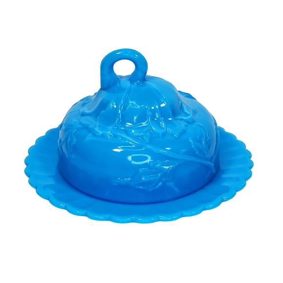 Vtg Round Butter Dish Blue Milk Glass Floral Vine 5.25" - Picture 5 of 15